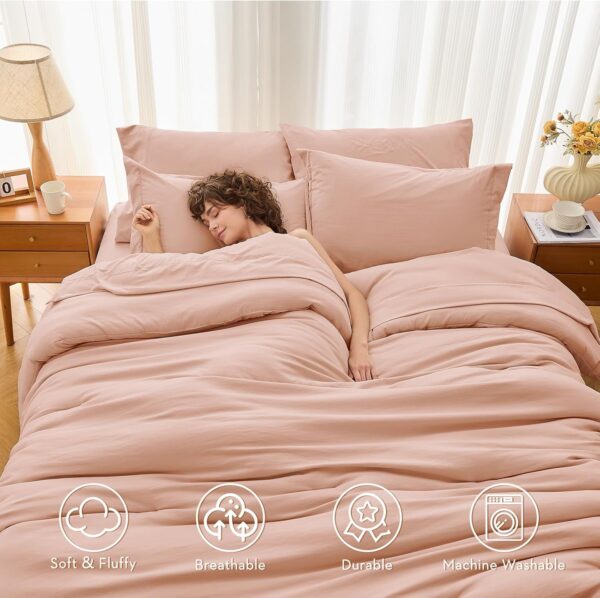 MUXHOMO 7 Pieces Queen Comforter Set, Soft Bed in a Bag Queen Size, All Season Bedding Set with Comforter, Flat Sheet, Fitted Sheet, Pillowcases & Shams, Rose Gold - Image 2