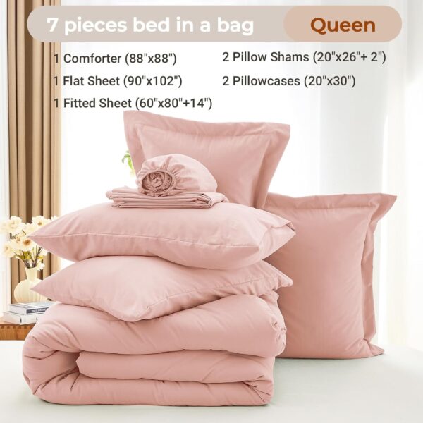 MUXHOMO 7 Pieces Queen Comforter Set, Soft Bed in a Bag Queen Size, All Season Bedding Set with Comforter, Flat Sheet, Fitted Sheet, Pillowcases & Shams, Rose Gold - Image 4