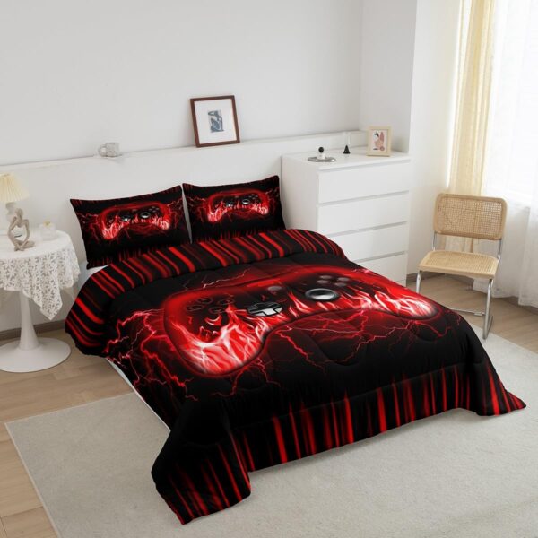 Feelyou Kids Gaming Comforter Set,Boys Gamer Bedding Set Full Size,Teens Bedroom Room Decor,Red and Black Game Contoller Comforter,Geometric Fire Ombre Game Bed Set All Season for Game Lovers - Image 2