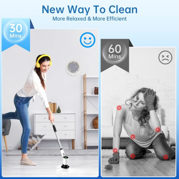 Electric Spin Scrubber, IPX7 Waterproof Cordless Power Shower Scrubber with Extension Handle, 7 Replaceable Brush Head&3 Bristle Crevice Brushes, 2 Speeds Power Scrubber for Bathroom, Kitchen Cleaning - Image 2