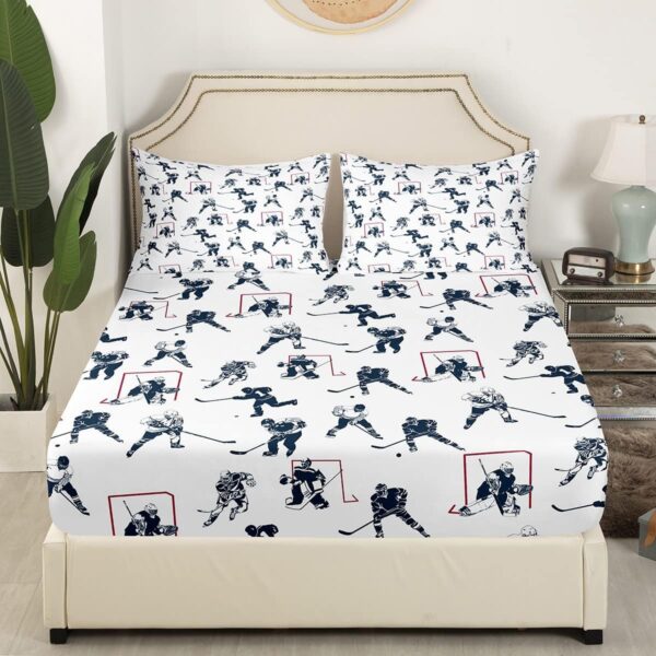 Feelyou Ice Hockey Sheet Set Twin Kids Sports Event Bedding Set Hockey Player Bed Sheets for Boys Bedroom Decor Soft Winter Sports Hockey Puck Bed Cover, 1 Fitted Sheet+1 Pillow Sham+1 Flat Sheet - Image 2