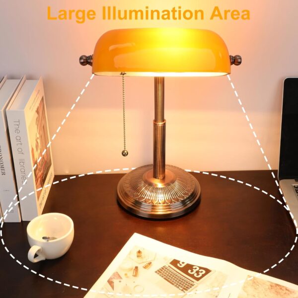 Bankers Desk Lamp, Amber Retro Lamp, Vintage Lamp with Pull Chain Switch for Home Office, LED Bulb Included (Copper+Amber) - Image 4