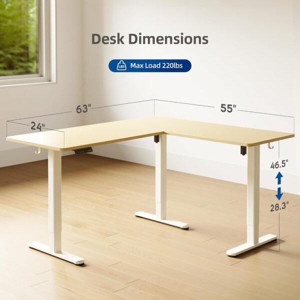 YDN L Shaped Standing Desk, Electric Standing Desk L Shape Adjustable Height Dual Motor, 63 x 55 Inch Corner Standing Desk with Splice Board for Home Office, Large Standing Desk, Nature - Image 3