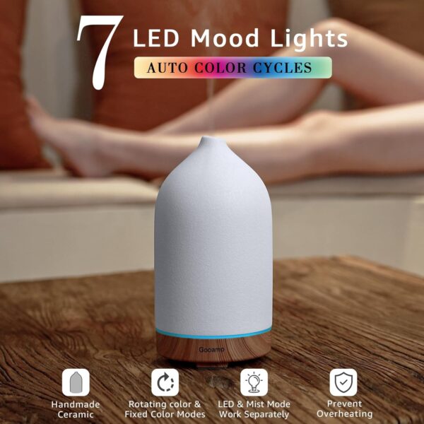200ML Ceramic Essential Oil Diffuser - Ultrasonic Aromatherapy & Humidifier with 7-Color LED Lights, Auto Shut-Off, Wood Grain Base, 1H/3H/6H Timer | Scent for Home, Office, Yoga - Image 2