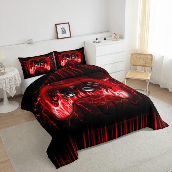 Feelyou Kids Gaming Comforter Set,Boys Gamer Bedding Set Full Size,Teens Bedroom Room Decor,Red and Black Game Contoller Comforter,Geometric Fire Ombre Game Bed Set All Season for Game Lovers - Image 4