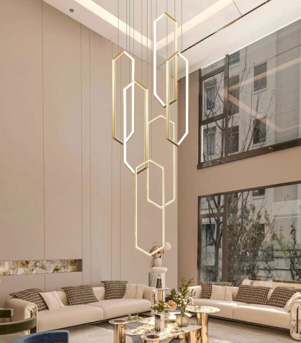 6-Rings Chandelier Modern, Gold Contemporary LED Light for Living Room Entrance, Dimmable Flush Mount High Ceiling Chandeliers with Remote Control for Villa Foyer - Image 8