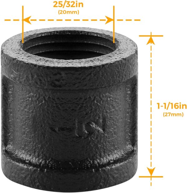 1/2" Black Painted Pipe Fitting Coupling - Home Expert 20 Pack Black Malleable Iron Cast Pipe Fittings Coupling for Steampunk Vintage Shelf Bracket Shoe Racks DIY Plumbing - Image 4