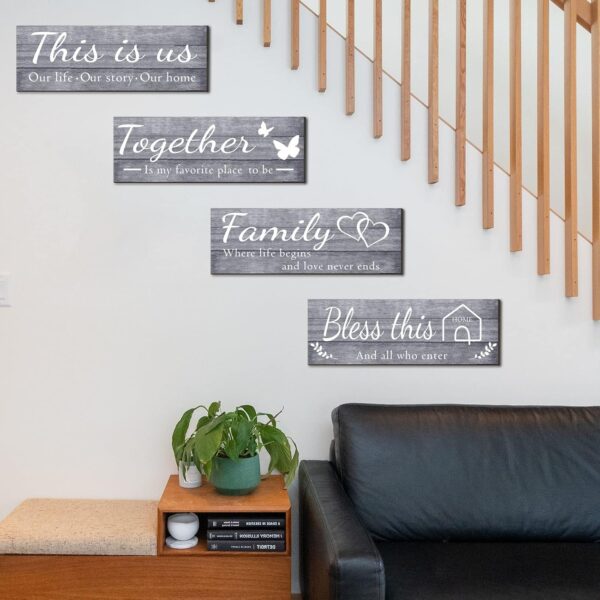 Joyhawk 4 Pieces Wall Decor Signs, THIS IS US, TOGETHER, BLESS THIS HOME, FAMILY Rustic Wooden Farmhouse Wall Art Décor For Living Room Bedroom Kitchen, , 4.7 x 13.8 Inch(Grey) - Image 6