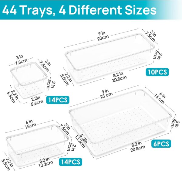 Vtopmart 44 PCS Clear Plastic Drawer Organizers Set, 4-Size Versatile Bathroom and Vanity Organizer Trays, Non-Slip Storage Containers for Makeup, Jewelries, Bedroom，Kitchen Utensils and Office - Image 5