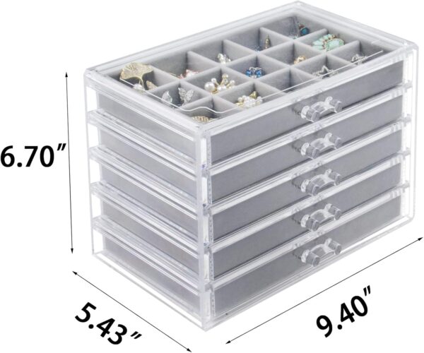 Acrylic Jewelry Box with 5 Drawers, Clear Earring Storage Organizer Display Case for Women Girls, Gray - Image 2