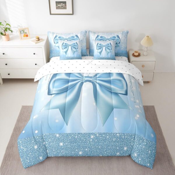 Feelyou Kids Cute Bowknot 7 Pieces Bedding Set Queen Size, Dreamy Princess Comforter Set with Sheets Boys Girls Glitter Bed in A Bag Blue Bow Teens Bed Set Bedroom Decor 7Pcs