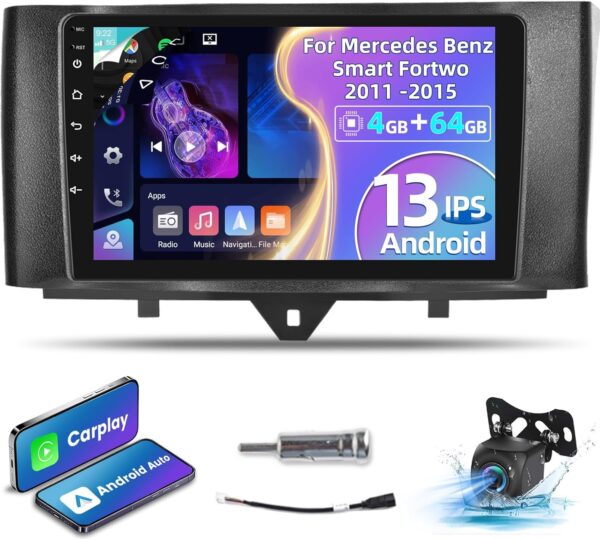 [4+64G] Car Radio for Mercedes Benz Smart Fortwo 2011-2015 - 9 inch IPS 1280 * 720P Touchscreen EQ Audio - Wireless Carplay and Android Auto, AI DSP, Customize Homepage,SWC + AHD Backup Camera