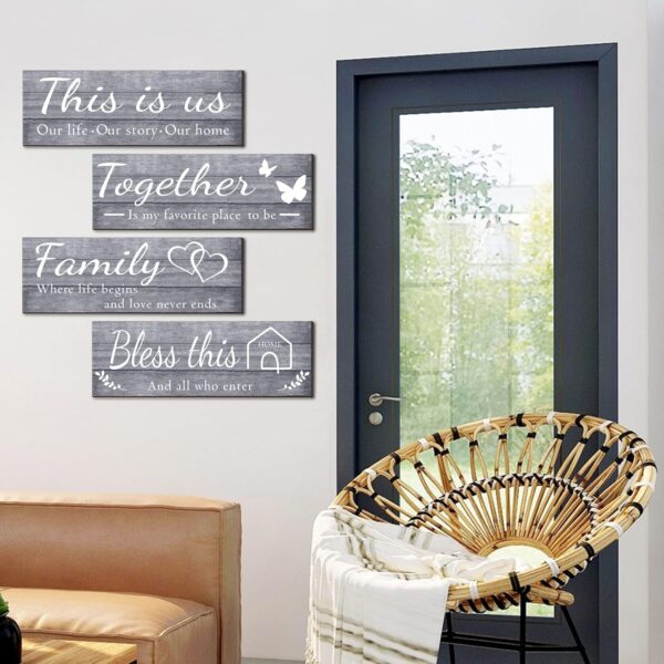 Joyhawk 4 Pieces Wall Decor Signs, THIS IS US, TOGETHER, BLESS THIS HOME, FAMILY Rustic Wooden Farmhouse Wall Art Décor For Living Room Bedroom Kitchen, , 4.7 x 13.8 Inch(Grey) - Image 4