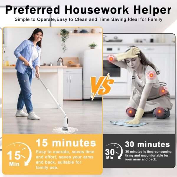 Electric Spin Scrubber, 2025 Upgraded Cordless Bathroom Scrubber, Aluminum Alloy Telescopic Handle, IPX7 Bathtub Electric Cleaning Tool, 3 Speeds Shower Cleaner Brush, 8 Brush Heads, LED Display - Image 8