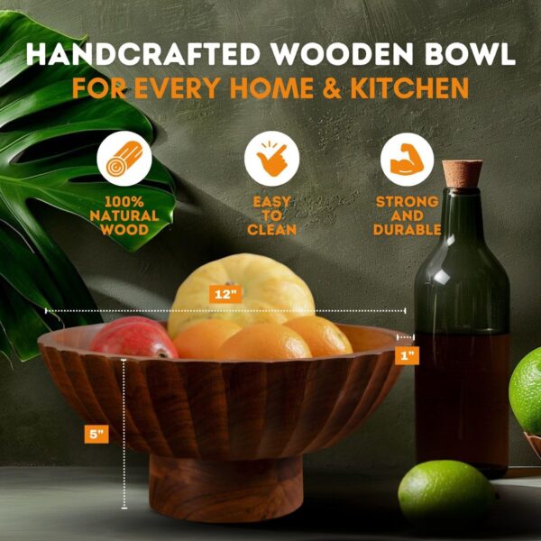 Acacia Wood Footed Bowl– Handcrafted Decorative Fruit Bowl with Elegant Carving Design for Dining, Serving, and Home Décor- 12 Inch Wooden Pedestal Bowls by LuxeDesigns - Image 2