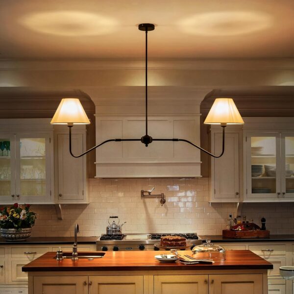 2-Light Modern Linear Chandelier for Dining Room, 55 Inch Farmhouse Kitchen Island Lighting with White Fabric Shades, Hanging Lighting Fixtures for Living Room Bedroom