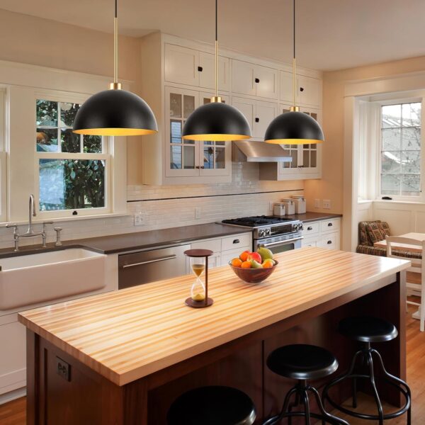 Farmhouse Pendant Lights, 3-Light Black and Gold Dome Pendant Light Fixtures,Industrial Kitchen Island Lighting for Dining Room Bar, E26 Base - Image 2