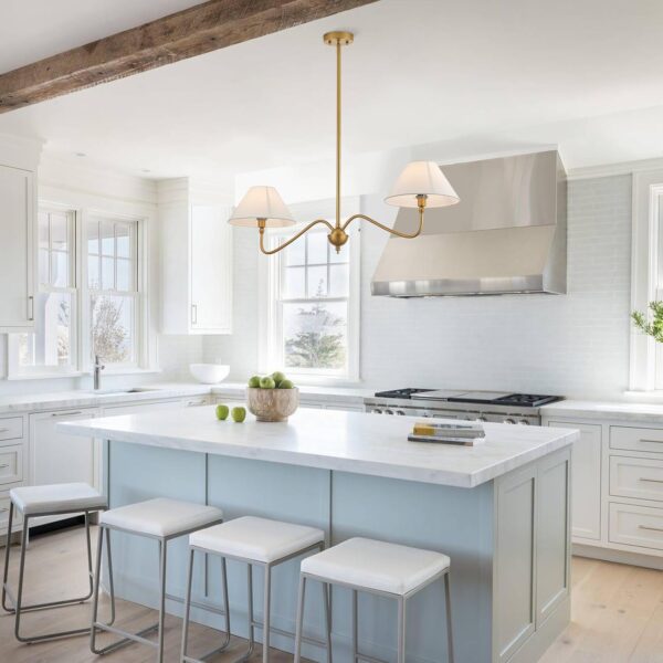 Modern Gold Linear Chandelier for Kitchen Island, 2-Light Linear Light Fixture with Off-White Fabric Shade, Rustic Pendant Light for Dining Room - Image 3
