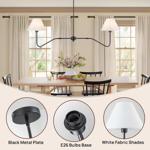 2-Light Modern Linear Chandelier for Dining Room, 55 Inch Farmhouse Kitchen Island Lighting with White Fabric Shades, Hanging Lighting Fixtures for Living Room Bedroom - Image 3
