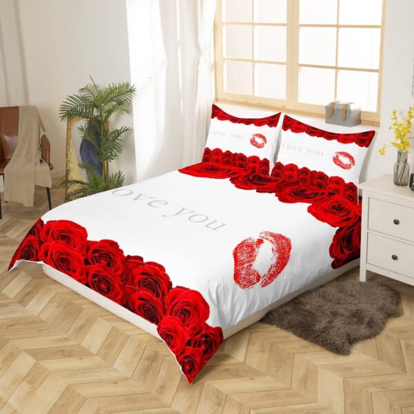 3D Red Rose Bedding Set Queen Size,Red Lip and Flowers Floral Print Duvet Cover Set for Children Bedroom Decor, Love Themed Valentine's Day for Couple Microfiber Comforter Cover with 2 Pillowcases - Image 3