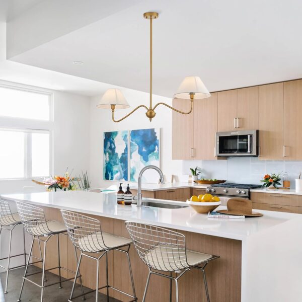 Modern Gold Linear Chandelier for Kitchen Island, 2-Light Linear Light Fixture with Off-White Fabric Shade, Rustic Pendant Light for Dining Room - Image 8