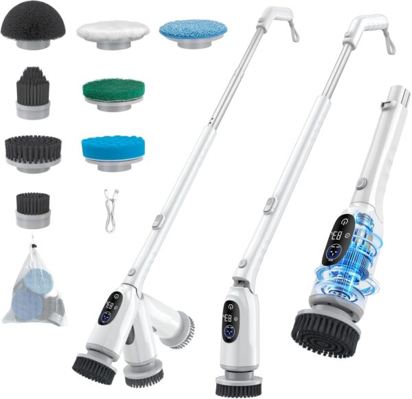 Electric Spin Scrubber, 2025 Upgraded Cordless Bathroom Scrubber, Aluminum Alloy Telescopic Handle, IPX7 Bathtub Electric Cleaning Tool, 3 Speeds Shower Cleaner Brush, 8 Brush Heads, LED Display