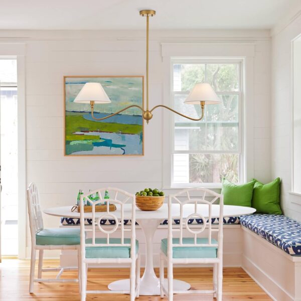 Modern Gold Linear Chandelier for Kitchen Island, 2-Light Linear Light Fixture with Off-White Fabric Shade, Rustic Pendant Light for Dining Room - Image 2