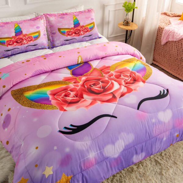 Unicorn Queen Bedding Sets for Girls Kids Comforter Set Queen Size with 2 Pillowcases Purple Unicorn Room Decor for Girls Bedroom Ultra Soft Machine Washable Toddler Bed Set - Image 3
