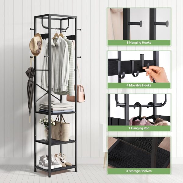 ELYKEN Coat Rack Freestanding, Hall Tree with 3 Storage Shelves and 12 Hooks, Metal Clothes Rack Stand Organizer for Bedroom, Hallway, Entryway, Office, Living Room, Black - Image 7