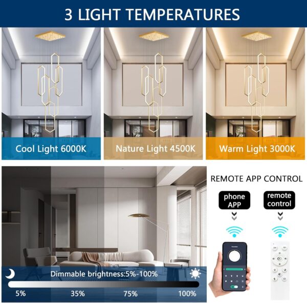 6-Rings Chandelier Modern, Gold Contemporary LED Light for Living Room Entrance, Dimmable Flush Mount High Ceiling Chandeliers with Remote Control for Villa Foyer - Image 3