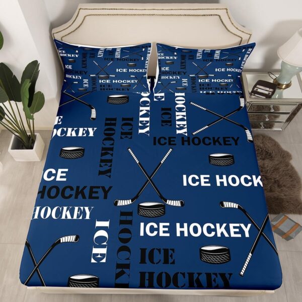 Feelyou Boys Ice Hockey Fitted Sheet Twin Size Sports Hockey Pucks Print Bed Sheets for Kids Teens Girls Ball Gamer Decorations Bedding Set Blue Sheets Set Bedroom All Season 1 Pillowcase
