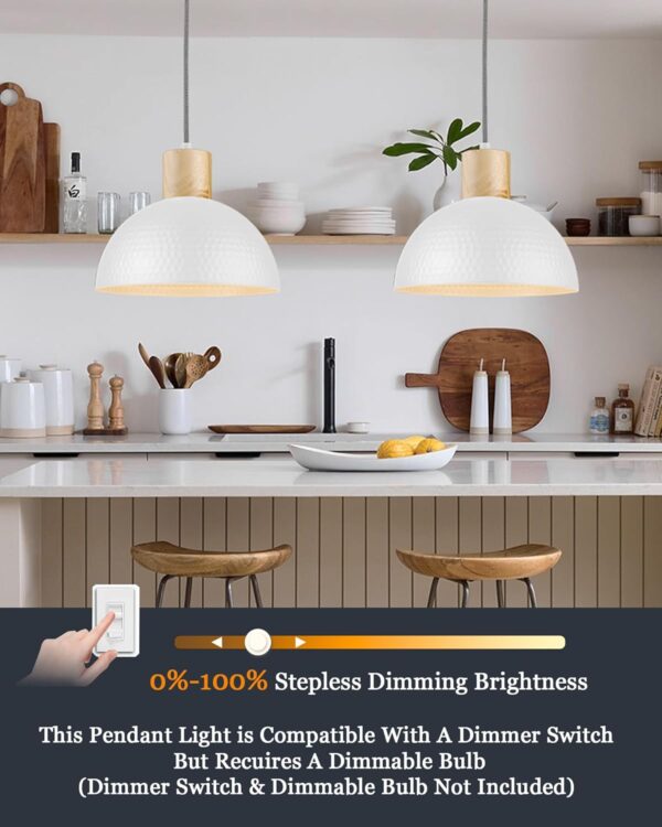 ELYONA 2 Pack Hammered Pendant Lights, 12" Modern Metal Dome Hanging Lamp Solid Wood Pendant Light Fixtures for Kitchen Island, Farmhouse, Dining Room, Sink, Bedroom, Hallway, Nordic White - Image 2