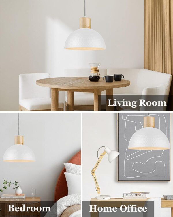 ELYONA 2 Pack Hammered Pendant Lights, 12" Modern Metal Dome Hanging Lamp Solid Wood Pendant Light Fixtures for Kitchen Island, Farmhouse, Dining Room, Sink, Bedroom, Hallway, Nordic White - Image 4