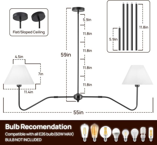 2-Light Modern Linear Chandelier for Dining Room, 55 Inch Farmhouse Kitchen Island Lighting with White Fabric Shades, Hanging Lighting Fixtures for Living Room Bedroom - Image 4