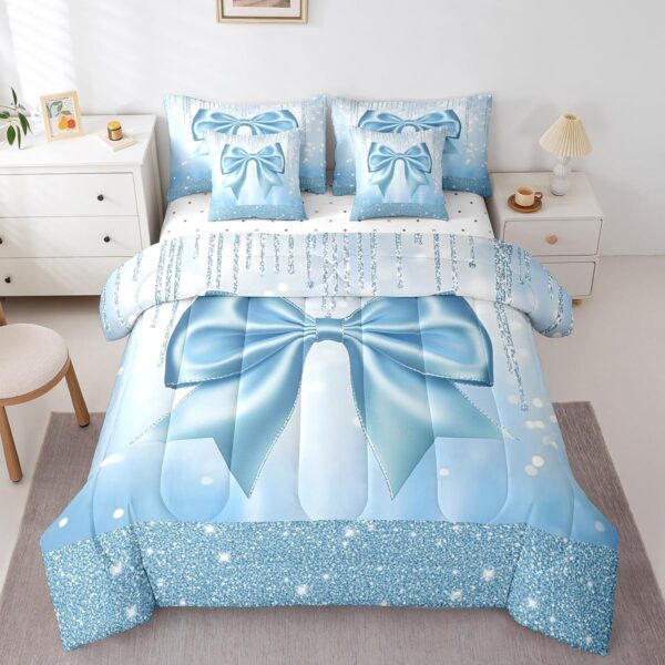 Feelyou Kids Cute Bowknot 7 Pieces Bedding Set Queen Size, Dreamy Princess Comforter Set with Sheets Boys Girls Glitter Bed in A Bag Blue Bow Teens Bed Set Bedroom Decor 7Pcs - Image 3