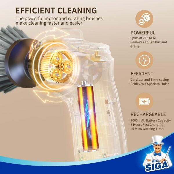 MR.SIGA Electric Spin Scrubber for Kitchen and Bathroom Cleaning, Waterproof Rechargeable Cordless Spin Scrubber with 5 Replaceable Cleaning Brushes and Pads - Image 4