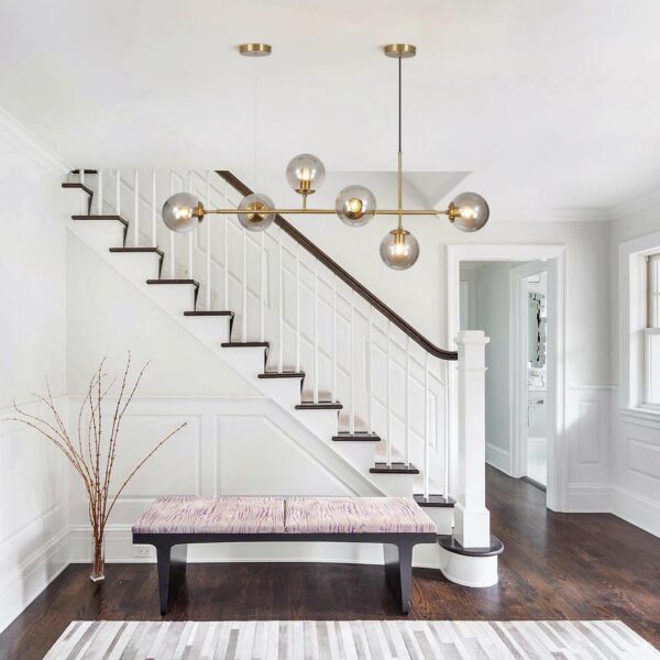 KCO Modern Globe Sputnik Chandelier, 6-Light Gold Linear Pendant for Kitchen Island, Dining Room, Living Room - Smoke Gray Glass, Mid Century Style - Image 7