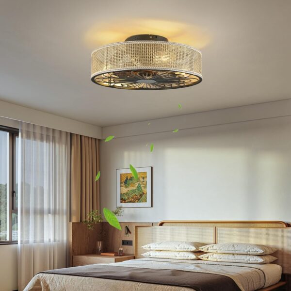 Modern Boho Rattan Flush Mount Ceiling Fans with Lights and Remote Control Low Profile Bladeless Ceiling Fan Timer and 6-Speed Reversible Motor for Bedroom, Kitchen, Dining Room Include Bulbs - Image 3