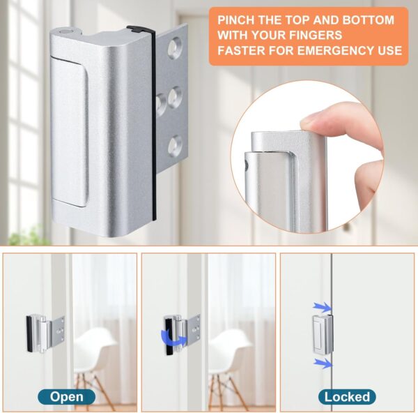 2 Pack Home Security Door Lock,Childproof Door Reinforcement Lock,with 3" Stop Withstand 800 lbs,for Inward Swing Doors,Night Kids Safety Metal Flip Lock Deadbolt Latch (Silver) - Image 4