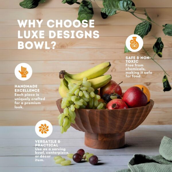 Acacia Wood Footed Bowl– Handcrafted Decorative Fruit Bowl with Elegant Carving Design for Dining, Serving, and Home Décor- 12 Inch Wooden Pedestal Bowls by LuxeDesigns - Image 3