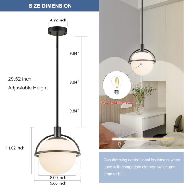 Glass Pendant Lights Kitchen Island Hanging Lamps 9.65" Mid Century Chandelier Black Modern Globe Chandelier Lights for Living Room Dining Room with Milk White Glass Globe,Adjustable Length - Image 4