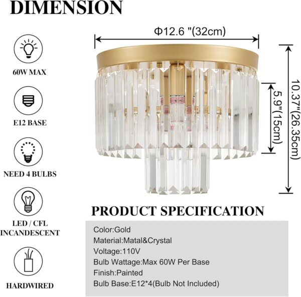 12.6" Gold Crystal Ceiling Light 4-Light Modern Crystal Ceiling Light Fixture 2-Tier Luxury K9 Crystal Ceiling Light,for Dining Room Kitchen Island Living Room Bedroom - Image 2