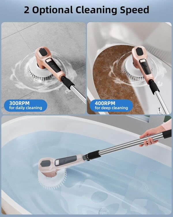Electric Spin Scrubber,IP68 Professional Waterproof Spin Scrubber，5400mAh Battery Power Spin Scrubber, 51 inch Cordless Household Cleaning Brush with Automatic Water Spray(Pink) - Image 6