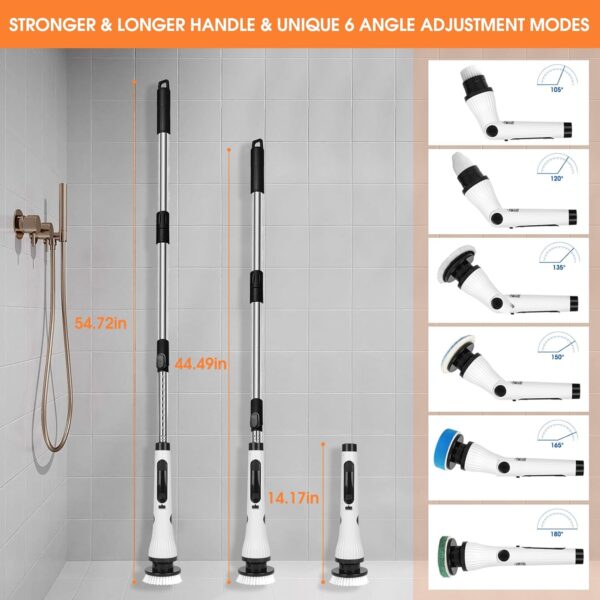 Electric Spin Scrubber, Cordless Cleaning Brush, 54" Extendable Handle Shower Cleaner Brush - 6 Adjustable Angles, 8 Brush Heads & 2 Speeds, Shower Scrubber for Bathroom Bathtub Tile Floor - Image 3