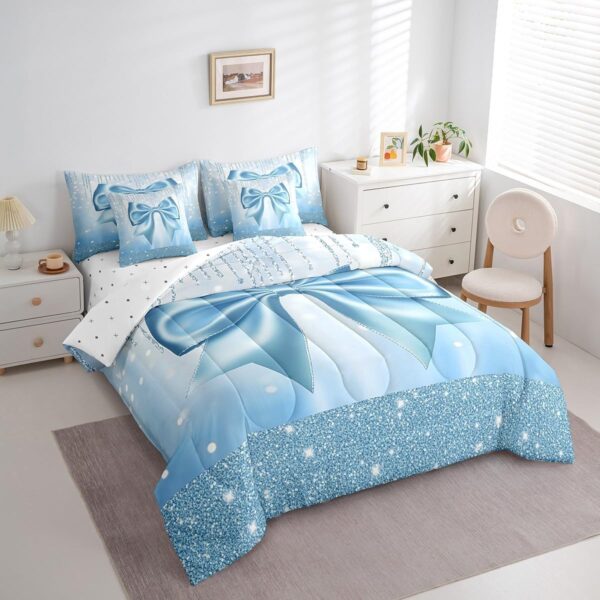 Feelyou Kids Cute Bowknot 7 Pieces Bedding Set Queen Size, Dreamy Princess Comforter Set with Sheets Boys Girls Glitter Bed in A Bag Blue Bow Teens Bed Set Bedroom Decor 7Pcs - Image 2