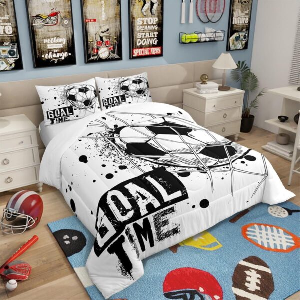 Erosebridal Kids Football Comforter Set Full Size American Soccer Bedding Set Sports Games Duvet Sets for Boys Girls Children Teens Geometric Polygon Quilt for Bedroom, Black White - Image 2