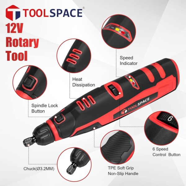 TOOLSPACE 12V Cordless Rotary Tool Kit - 6 Variable Speeds USB Charging Power Rotary Tools for Engraving, Sanding, Polishing, Cutting, Grinding, Wood Carving, DIY and Craft Projects - Image 3
