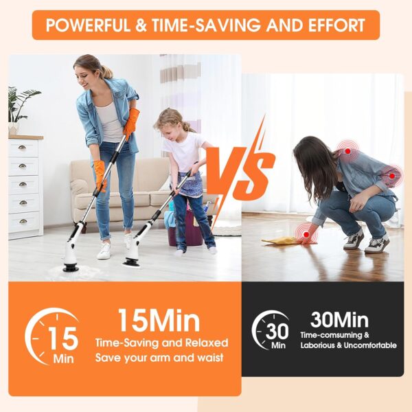 Electric Spin Scrubber, Cordless Cleaning Brush, 54" Extendable Handle Shower Cleaner Brush - 6 Adjustable Angles, 8 Brush Heads & 2 Speeds, Shower Scrubber for Bathroom Bathtub Tile Floor - Image 6