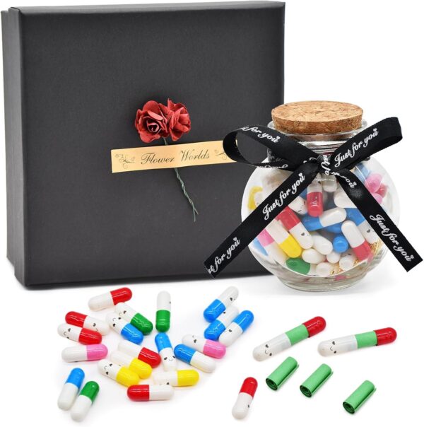 100 Pcs Cartoon Cute Capsule Love Messages Set, DIY Love Pills Notes for Boyfriend Girlfriend Him Her Birthday Gift, Includes Bottle, LED Lights, and Gift Box for Anniversary Valentine's Day