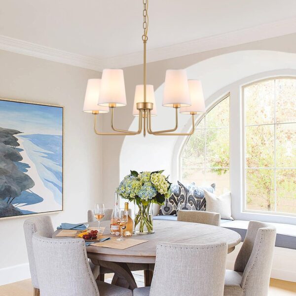 AMZASA Farmhouse Chandelier, 5-Lights Visual Comfort Gold Light, Muted Gold with White Fabric Shade, Linear Island Lighting Fixture for Kitchen, Dining Room - Image 7